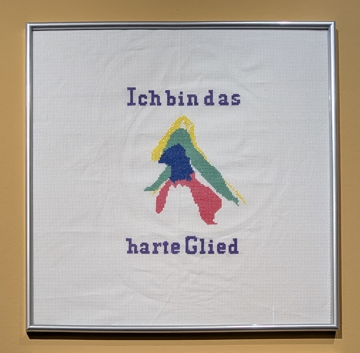 Stickerei „Ich bin das harte Glied“ mit farbiger Klitoris-Darstellung