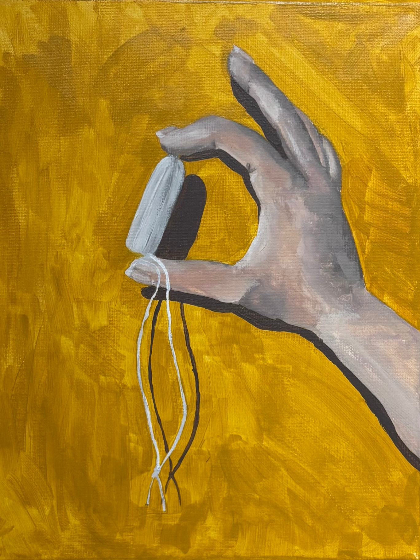 Gemälde einer Hand, die einen Tampon auf gelbem Grund hält